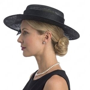 Beloved Millinery Couture Black Flat Top Hat Church Brunch Business Funeral